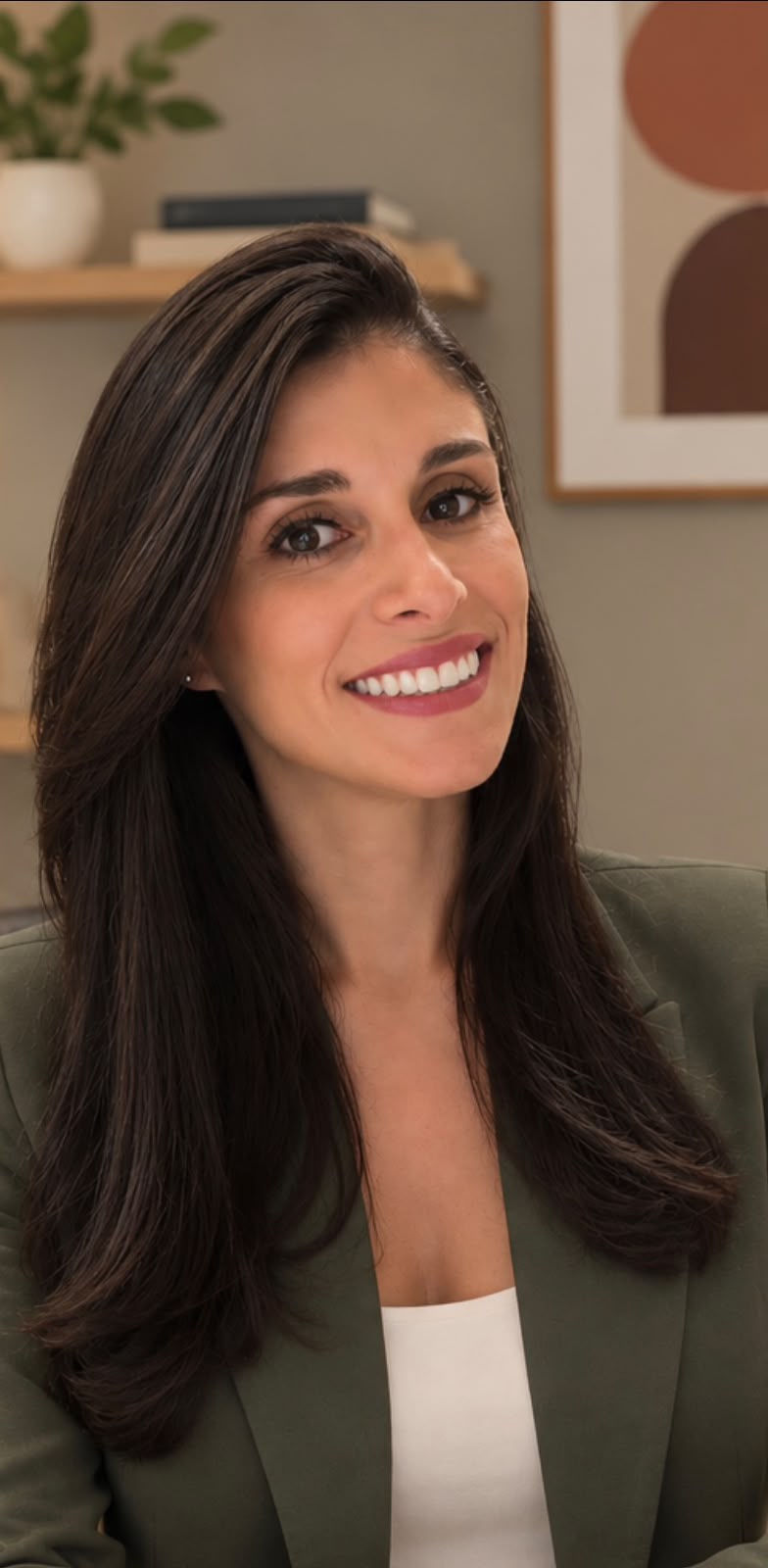 Priscila Braga, consultora financeira da Sinapse, sorrindo em seu escritório